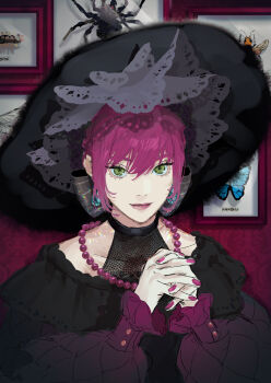 1girl black_choker black_dress black_headwear blue_butterfly bug butterfly choker closed_mouth dress earrings eyelashes fingernails green_eyes hair_between_eyes hands_up highres wasp bug interlocked_fingers jewelry lipstick looking_at_viewer makeup nail_polish original own_hands_together purple_hair purple_nails red_lips red_lips sankomichi short_hair smile solo tarantula upper_body