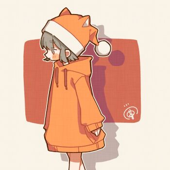 1girl animal_hat blunt_bangs blush closed_mouth cowboy_shot grey_hair hat highres hood hoodie light_smile long_sleeves medium_hair nightcap orange_eyes orange_hoodie orange_shirt original profile shirt signature snsnchi solo square walking