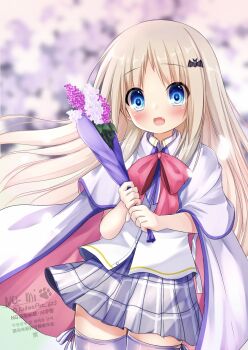 Rule 34 | 1girl, bat hair ornament, blonde hair, blue eyes, blurry, blurry background, bouquet, bow, bowtie, capelet, cloak, cowboy shot, fang, flower, hair ornament, highres, holding, holding bouquet, kud wafter, kudpoid (71139), little busters!, little busters! school uniform, long hair, miniskirt, noumi kudryavka, open mouth, pink bow, pink bowtie, plaid clothes, plaid skirt, pleated skirt, school uniform, shirt, skirt, solo, thighhighs, white capelet, white cloak, white shirt