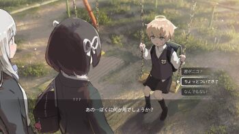 1boy 2girls backpack bag bag_charm black_hair black_shorts blazer blonde_hair blue_eyes character_charm charm_(object) child choice dialogue_box dialogue_options fake_screenshot gameplay_mechanics grass hair_ribbon halo highres jacket long_hair lost_property_control_organization_(samidare) multiple_girls niko_(lost_property_control_organization) on_swing outdoors playground protagonist_(lost_property_control_organization) randoseru revision ribbon samidare_(hoshi) school_bag school_uniform shiraishi_rei_(samidare) short_hair shorts sitting star-shaped_pupils star_(symbol) subtitled swing symbol-shaped_pupils t-6407j_(samidare) translated user_interface white_hair white_ribbon