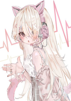 Rule 34 | 1girl, absurdres, animal ear headphones, animal ears, blonde hair, blush, bow, bow choker, bracelet, cardiogram, cat ear headphones, cat ears, cat tail, choker, commentary, english commentary, eyes visible through hair, fake animal ears, from side, hair intakes, hair ornament, hair over one eye, hairclip, headphones, headset, high-waist skirt, highres, holding, holding own hair, jacket, jewelry, komi eshi, long hair, mole, mole under eye, off shoulder, open mouth, original, pink eyes, plaid clothes, plaid skirt, skirt, solo, spaghetti strap, tail, upper body, x hair ornament