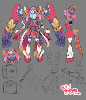 1girl :3 aqua_eyes assault_visor breasts close-up closed_mouth colored_skin covered_navel duel_masters extra_arms facing_away fanny_pack full_body gloves gold_trim grey_background hagoromo humanoid_robot joints mecha_musume miroku_(duel_masters) official_art pointing_out_the_details profile red_gloves red_skin red_skirt reference_sheet robot robot_joints shawl sketch skirt small_breasts tools translation_request tumikaze