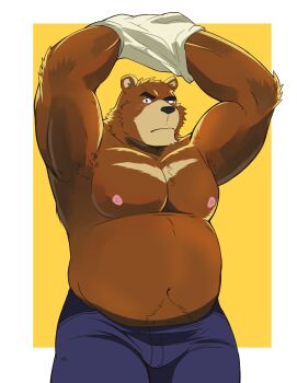 1boy absurdres armpits arms_up bara belly blue_pants blush brown_fur closed_mouth clothes_lift commentary english_commentary fat fat_man furry furry_male highres juuichi_mikazuki looking_at_viewer male_focus morenatsu naikumaart navel nipples pants pectorals shirt_lift topless_male