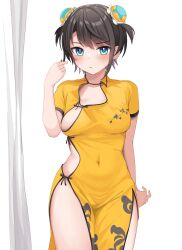 Rule 34 | 1girl, alternate costume, aqua eyes, breasts, brown hair, china dress, chinese clothes, collarbone, covered navel, curtains, dress, highres, hololive, looking at viewer, medium breasts, oozora subaru, short hair, simple background, solo, tihirowo, two side up, virtual youtuber, white background