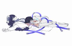 Rule 34 | 1boy, 1girl, barefoot, blue hair, blunt bangs, boy on top, braid, breasts, center opening, cleavage, closed eyes, collared shirt, doll joints, from side, genshin impact, hair between eyes, hair ornament, hair over eyes, highres, hug, intestines, joints, lab coat, long hair, lying, mole, mole under eye, mother and son, nnikko, on back, on side, purple hair, raiden shogun, scaramouche (genshin impact), shirt, simple background, single braid, test tube, wanderer (genshin impact), white background