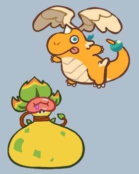 absurdres black_eyes claws closed_mouth colored_skin dragon dragonite feathered_wings flying full_body gen_1_pokemon green_eyes happy head_wings highres horns leaf mega_dragonite mega_pokemon mega_victreebel nintendo no_humans pink_lips plant poison pokemon pokemon_(creature) pokemon_focus simple_background single_horn steve_ly tail tongue tongue_out victreebel vines wings