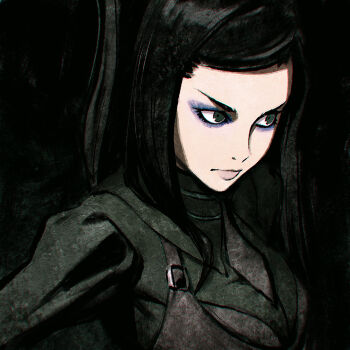 1girl bad_id bad_tumblr_id black_background black_eyes black_hair closed_mouth ergo_proxy eyeshadow female_focus ilya_kuvshinov lips long_hair makeup re-l_mayer simple_background solo upper_body