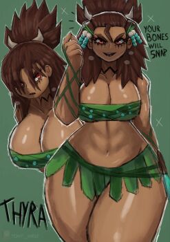 1girl angry black_lips breasts brown_hair cleavage collarbone demon_girl demon_horns facepaint grass_skirt green_background green_shirt green_skirt hair_ornament hair_over_one_eye horns knife large_breasts looking_at_viewer midriff multiple_views navel neck_tattoo open_mouth original red_eyes shirt skirt smile sparkle standing strapless tattoo teeth thick_thighs thighs thyra_(tony_welt) tony_welt topknot tube_top upper_body wide_hips