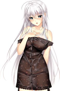 1girl :o absurdres ahoge arm_behind_back atelier_kaguya blue_eyes breasts buttons cowboy_shot floral_print hand_on_own_chest highres large_breasts long_hair muchimuchi_dakara_mukumuku_shita_~osananajimi_to_no_sugoshikata~ nipples official_art open_mouth panties ribbon-trimmed_skirt ribbon_trim see-through shirai_karen solo transparent_background underwear wet wet_clothes wet_hair white_hair yoppy