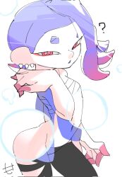 Rule 34 | ?, blue hair, blue shawl, bubble, cephalopod eyes, chest sarashi, earrings, highres, jewelry, looking at viewer, mocamocaink, multicolored hair, multiple earrings, nintendo, octoling, pink hair, red eyes, sarashi, shawl, shiver (splatoon), simple background, splatoon (series), splatoon 3, tagme, tentacle hair, tooth earrings, white background