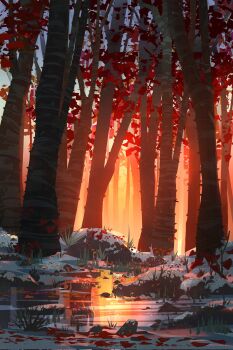 autumn_leaves birch_tree forest grass hashtag-only_commentary highres kamillustrator leaf nature no_humans original outdoors reflection reflective_liquid revision scenery sky snow sun sunset tree water