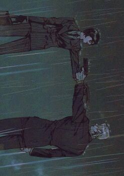 1boy 1girl ada_wong aiming black_hair black_jacket black_necktie black_pants blonde_hair briefcase collared_shirt cowboy_shot formal_clothes glasses gun handgun highres holding holding_briefcase holding_gun holding_weapon jacket leon_s._kennedy looking_at_another mexican_standoff necktie nul pants pinstripe_jacket pinstripe_pants pinstripe_pattern pinstripe_suit rain resident_evil shirt suit suit_jacket weapon