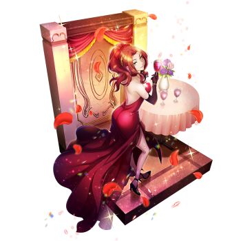 1girl alcohol artist_request ass back backless_dress backless_outfit bangle bare_shoulders black_boots boots bracelet breasts choker closed_mouth cup dress drinking_glass earrings elbow_gloves falling_petals flower forehead from_above from_side game_cg gloves green_eyes hair_intakes hair_ornament high_heels holding holding_cup indoors jewelry light_particles looking_at_viewer looking_to_the_side looking_up malty_s_melromarc medium_breasts medium_hair official_alternate_costume official_art petals ponytail purple_flower purple_rose red_choker red_dress red_gloves rose short_ponytail side_slit sidelocks sleeveless sleeveless_dress smile solo sparkle standing strapless strapless_dress table tate_no_yuusha_no_nariagari tate_no_yuusha_no_nariagari_rerise vase white_flower white_rose wine wine_glass