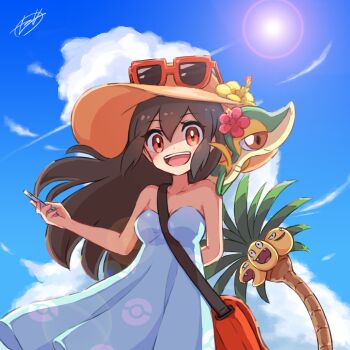 1girl alolan_exeggutor alolan_form bare_shoulders blue_sky brown_hair cloud commentary_request day dress eyewear_on_head gen_5_pokemon gen_7_pokemon hair_between_eyes hat highres holding long_hair nintendo open_mouth outdoors pokemon pokemon_(creature) pokemon_sm sightseer_(pokemon) signature sky snivy solo summer sun_hat sundress zeni_maru