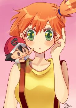 1boy 1girl :o ash_ketchum asymmetrical_hair black_hair blush breasts character_doll chibi doll eyelashes green_eyes hair_tie hand_up highres looking_at_viewer misty_(pokemon) nintendo on_shoulder open_mouth orange_hair pokemon pokemon_(anime) pokemon_(classic_anime) pokemon_red/green/blue/yellow ponytail shirt short_hair side_ponytail sleeveless sleeveless_shirt suspenders upper_body yellow_shirt