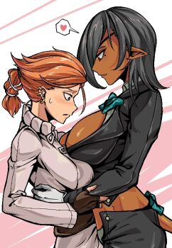 Rule 34 | 2girls, asymmetrical docking, black gloves, black hair, black jacket, black pants, black suit, blush, bow, bowtie, breast press, breasts, cecily (lonarpg), claire-yu, cleavage, cleavage cutout, clothing cutout, commentary request, cowboy shot, dark-skinned female, dark skin, earrings, eyepatch, fingerless gloves, formal clothes, freckles, genderswap, genderswap (mtf), gloves, green bow, green bowtie, heart, high collar, holding another's arm, hug, jacket, jewelry, large breasts, lonarpg, looking down, medium breasts, medium hair, mole, mole under eye, multiple girls, open fly, pants, pointy ears, ponytail, red hair, shirt, simple background, spoken heart, suit, sweatdrop, tail, unbuttoned, vineet grayrat, white gloves, white shirt
