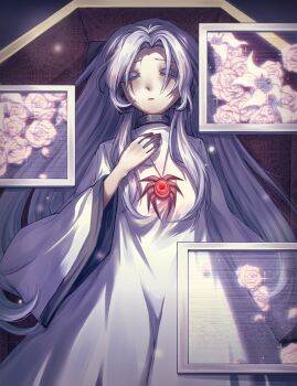 1girl absurdres bai_he breasts closed_mouth coffin dress flower grey_hair hand_on_own_chest highres jewelry long_hair long_sleeves screen seihou skirt sleeping smile solo very_long_hair white_dress white_flower yuitia_(seihou)