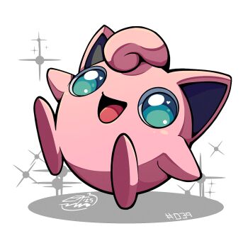 full_body gen_1_pokemon jigglypuff looking_at_viewer mistray-art nintendo no_humans open_mouth pink_fur pokemon pokemon_(creature) signature simple_background solo sparkle white_background