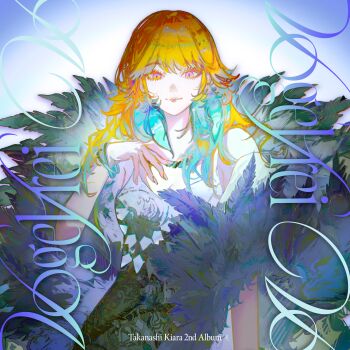 Rule 34 | 1girl, absurdres, album cover, breasts, cleavage, closed mouth, cover, dress, feathers, grey dress, hand up, highres, hololive, hololive english, john kafka, long hair, looking at viewer, official art, orange hair, purple eyes, second-party source, solo, takanashi kiara, virtual youtuber