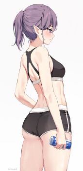 1girl arms_at_sides artist_name ass back back_cutout bare_arms bare_shoulders black_shirt black_shorts black_sports_bra blush breasts can clothing_cutout commentary cowboy_shot criss-cross_back-straps crop_top dolphin_shorts from_side hair_behind_ear hair_between_eyes half-closed_eyes high_ponytail highres holding holding_can kaetzchen long_hair looking_afar looking_ahead median_furrow medium_breasts medium_hair micro_shorts midriff misaki_(kaetzchen) mole mole_under_mouth nape original parted_bangs parted_lips pocari_sweat pointy_ears ponytail profile purple_eyes purple_hair shirt short_ponytail short_shorts shorts sidelocks signature simple_background sleeveless sleeveless_shirt solo sports_bra standing straight_hair sweat symbol-only_commentary thighs underbutt white_background