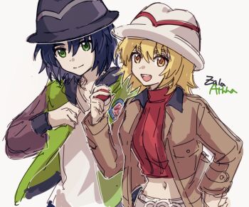 1boy 1girl athrun_zala black_hat blonde_hair blue_hair brown_jacket cagalli_yula_athha character_name commentary_request cosplay cropped_shirt green_eyes green_jacket gundam gundam_seed hat holding holding_poke_ball jacket looking_at_viewer nintendo paxton_(pokemon) paxton_(pokemon)_(cosplay) poke_ball pokemon pokemon_legends:_z-a red_shirt shiro_kunugi shirt short_hair sketch smile taunie_(pokemon) taunie_(pokemon)_(cosplay) white_background white_hat white_shirt yellow_eyes