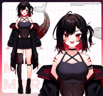 1girl black_boots black_choker black_hair black_jacket black_nails black_tube_top blush boots breasts choker closed_mouth covered_navel facial_mark fins fish_tail fishnet_leotard fishnet_thighhighs fishnets highres indie_virtual_youtuber jacket large_breasts leotard looking_at_viewer miya_mareena nail_polish nina_amaki official_art open_mouth red_hair red_jacket see-through_tail shark_girl shark_tail short_hair single_thighhigh smile solo strapless tail thigh_strap thighhighs tube_top two-sided_fabric two-sided_jacket virtual_youtuber