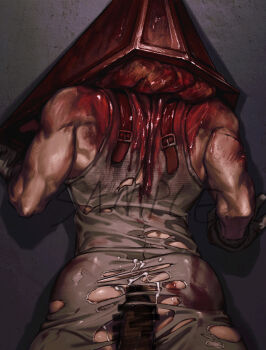 blood blood_on_ass blood_on_back blood_on_clothes blood_on_shoulder c2h4_(1849155751) censored cum cum_on_ass cum_on_body cum_on_clothes dead_by_daylight english_text from_behind highres male_focus pov pyramid_head scar scar_on_shoulder spotlight torn_clothes upper_body yaoi