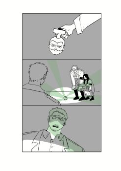 1girl 2boys 3koma animated animated_gif armband armored_titan beard comic facial_hair glasses goatee greyscale hands_on_own_knees highres male_focus marley_military_uniform merchandise monochrome multiple_boys pieck_finger sequential shingeki_no_kyojin short_hair spinning_top stubble syabbal-i tearing_up titan_(shingeki_no_kyojin) zeke_yeager