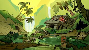 Rule 34 | cave, clarissa herrera, coconut, fantasy, foliage, forest, glowing, glowing eyes, grass, highres, nature, no humans, original, outdoors, palm tree, plant, river, rock, ruins, scenery, tree, vines, water, waterfall, wetland