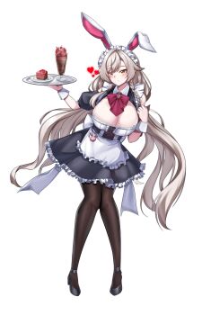 1girl absurdres animal_ears apron bent_over black_footwear black_thighhighs blush bow bowtie breasts brown_eyes cake cake_slice cleavage cleavage_cutout clothing_cutout dress edith_(eversoul) eversoul food full_body glass grey_hair hair_between_eyes heart highres holding holding_menu holding_tray ice_cream jewelry korean_commentary large_breasts light_smile long_hair looking_at_viewer maid maid_apron maid_headdress mapyarong menu plate pointy_ears puffy_short_sleeves puffy_sleeves rabbit_ears short_sleeves shoulder_cutout simple_background solo standing swept_bangs thighhighs tray white_background wing_collar wrist_cuffs