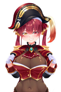 1girl black_hat breasts brown_leotard cleavage closed_mouth cropped_jacket gloves hat heterochromia highres hololive houshou_marine houshou_marine_(1st_costume) jacket large_breasts leotard leotard_under_clothes long_hair looking_at_viewer open_clothes open_jacket pirate_hat red_eyes red_hair red_jacket rorol_reime smile solo virtual_youtuber white_gloves yellow_eyes