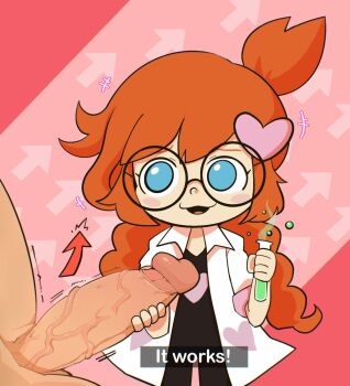 1boy 1girl blue_eyes braid english_text erection hair_ornament heart heart_hair_ornament hetero highres hua_(hua113) lab_coat loli low_twin_braids nintendo one_side_up orange_hair penis penny_crygor round_eyewear test_tube twin_braids veins veiny_penis warioware
