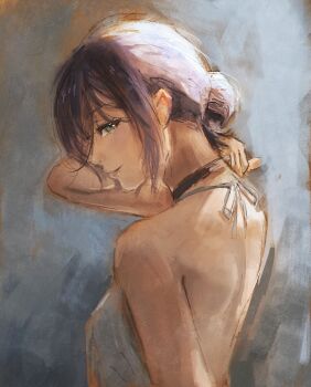 1girl absurdres black_choker chainsaw_man choker closed_mouth dress green_eyes hair_bun highres medium_hair mon_(icebuko) purple_hair reze_(chainsaw_man) solo white_dress