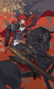 Rule 34 | 1boy, antenna hair, ascot, black gloves, closed mouth, commentary request, diluc (genshin impact), genshin impact, gloves, grey vest, hair between eyes, highres, holding, holding sword, holding weapon, horse, horseback riding, long hair, long sleeves, low ponytail, male focus, mochuuuuuuu, pants, ponytail, red eyes, red hair, riding, shirt, sword, vest, waistcoat, weapon, white ascot