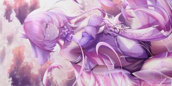 1girl absurdres bare_shoulders black_shorts breasts commentary_request corset diamond-shaped_pupils diamond_(shape) elysia_(herrscher_of_human:_ego)_(honkai_impact) elysia_(honkai_impact) highres honkai_(series) honkai_impact_3rd large_breasts long_hair looking_at_viewer omaigoodgoodeat outdoors pink_hair purple_eyes short_shorts shorts smile solo symbol-shaped_pupils triquetra very_long_hair white_corset