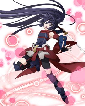 Rule 34 | 1girl, akatsuki (log horizon), bike shorts, black eyes, black gloves, black shorts, black thighhighs, breasts, detached sleeves, female focus, fingerless gloves, floating hair, full body, gloves, hair between eyes, holding, holding sword, holding weapon, katana, log horizon, log horizon new adventure land, long hair, looking at viewer, official art, open mouth, ponytail, purple footwear, purple hair, shorts, small breasts, solo, sparkle, sword, thighhighs, transparent background, very long hair, weapon