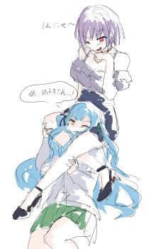 2girls bang_dream! bang_dream!_it&#039;s_mygo!!!!! birthday1730225 blue_hair breasts cleavage grey_jacket grey_shirt haneoka_school_uniform highres jacket long_hair multiple_girls off-shoulder_shirt off_shoulder one_eye_closed open_mouth pink_eyes purple_hair school_uniform scissorhold shirt simple_background sketch togawa_sakiko translation_request white_background yellow_eyes yuri yuutenji_nyamu