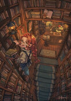 1girl 2others absurdres ambiguous_gender apron artist_name blue_apron blue_pants book bookshelf braid brown_eyes brown_hair climbing commentary_request denim desk english_text forehead furry grey_shirt highres holding holding_book indoors jeans lantern library long_hair long_sleeves monitor multiple_others open_mouth original pants pile_of_books port_(portzzz) reading round_eyewear rug shirt shoes signature single_braid slice_of_life solo_focus squirrel stairs table turtle wooden_floor