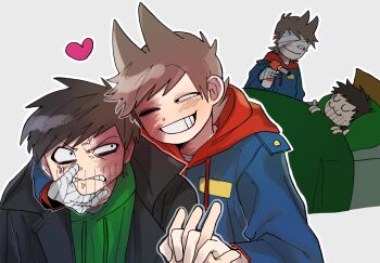 Rule 34 | 2boys, :3, animification, annoyed, antenna hair, bandage over one eye, bandaged hand, bandages, beard stubble, bed, black coat, black eyes, blue coat, blush, brown hair, burn scar, closed eyes, coat, commentary request, drawstring, edd (eddsworld), eddsworld, eye contact, facial hair, flamethrower, flipped hair, future edd (eddsworld), future tord (eddsworld), green hoodie, grey background, grin, hair ears, hand on another's face, heart, highres, holding, holding flamethrower, holding hands, holding weapon, hood, hood down, hoodie, korika02, long sleeves, looking at another, male focus, mature male, multiple boys, multiple views, name tag, open clothes, open coat, red hoodie, scar, scar on face, short hair, simple background, sleeping, smile, stubble, tord (eddsworld), trench coat, under covers, weapon, yaoi