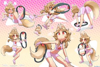 :o animal_ears ass bent_over blush breasts brown_hair closed_mouth daniel_renard dithering exercising fingerless_gloves full-face_blush full_body gloves gym_uniform highres midriff mouth_hold multiple_views ouka_miko red_eyes ring-con ring_fit_adventure small_breasts smile squatting tail toeless_legwear wolf_ears wolf_girl wolf_tail