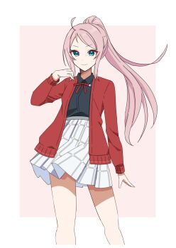 >:) 1girl ahoge alternate_hairstyle black_shirt blue_eyes border cardigan commentary_request cowboy_shot cropped_legs feet_out_of_frame high_ponytail highres ilkraz_aoi long_hair long_sleeves looking_at_viewer love_live! love_live!_nijigasaki_high_school_idol_club miniskirt nijigasaki_school_uniform open_cardigan open_clothes outside_border parted_bangs pink_background pink_hair plaid_clothes plaid_skirt pleated_skirt ponytail red_cardigan school_uniform shirt sidelocks skirt solo standing v-shaped_eyebrows very_long_hair white_border white_skirt winter_uniform zhong_lanzhu