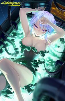 1girl absurdres arm_behind_head artist_name breasts cleavage closed_mouth commentary copyright_name cyberpunk:_edgerunners cyberpunk_(series) english_commentary eyeliner feet_out_of_frame fleesveon highres light_smile looking_at_viewer lucy_(cyberpunk) makeup medium_breasts multicolored_hair nude parted_bangs partially_submerged red_eyeliner short_hair solo