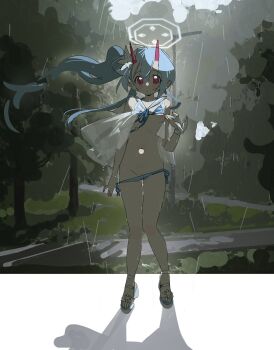 1girl bikini bikini_pull blue_archive blue_hair breasts chise_(blue_archive) chise_(swimsuit)_(blue_archive) closed_mouth clothes_pull commentary flower hair_flower hair_ornament halo highres horns long_hair looking_at_viewer micro_bikini nemo_(leafnight) nipples one_breast_out outdoors pointy_ears rain red_eyes sailor_bikini sailor_collar sandals side-tie_bikini_bottom side_ponytail small_breasts solo standing striped_bikini striped_clothes swimsuit symbol-only_commentary very_long_hair wet white_bikini white_flower