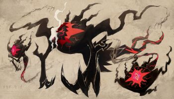 claws colored_sclera commentary_request darkrai eyeball gen_4_pokemon highres jcstr legendary_pokemon looking_at_viewer mega_darkrai mega_pokemon mythical_pokemon nintendo no_humans one-eyed pink_eyes pokemon pokemon_(creature) pokemon_focus purple_sclera red_eyes smoke solo spoilers tail whisp white_hair