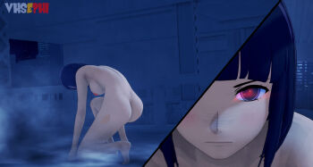 1girl alley arched_back armpit_crease artist_name ass back barefoot black_hair blunt_bangs boruto:_naruto_next_generations breasts completely_nude convenient_leg curled_fingers curvy dimples_of_venus exhibitionism facing_viewer feet female_focus from_behind full_body glowing glowing_eye heel_up highres huge_ass hyuuga_hinata kneeling kneepits large_breasts legs looking_at_viewer looking_down median_furrow medium_hair naruto_(series) nipples nude on_one_knee outdoors parody public_indecency purple_eyes shoulder_blades sideboob sidelocks smoke soles terminator_(series) thighs toes upper_body vhsephi