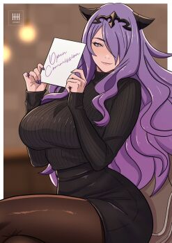 1girl alternate_costume artist_logo black_pantyhose black_sweater black_tiara blurry blurry_background border breasts bright_pupils camilla_(fire_emblem) ceiling_light chair closed_mouth colored_sclera commentary crossed_legs demon_horns english_commentary english_text fire_emblem fire_emblem_fates gradient_hair hair_over_one_eye hands_up highres holding holding_paper horns ihsnet indoors large_breasts logo long_hair long_sleeves looking_at_viewer multicolored_hair nail_polish nintendo on_chair one_eye_covered outside_border pantyhose paper parted_bangs pink_lips purple_hair purple_nails purple_sclera ribbed_sweater sitting smile solo sweater thighs tiara turtleneck turtleneck_sweater upper_body very_long_hair wavy_hair white_border white_pupils