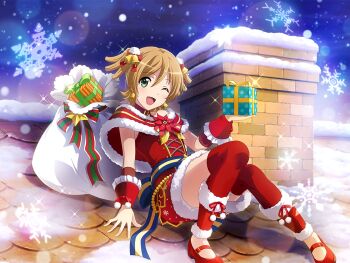 1girl bell bell_earrings capelet chimney christmas_present daiba_nana earrings game_cg gift green_eyes hair_bell hair_flowing_over hair_ornament holding holding_gift jewelry looking_at_viewer mary_janes official_art on_roof one_eye_closed open_mouth orange_hair reclining red_capelet red_shoes red_thighhighs sack santa_costume shoes short_hair short_twintails shoujo_kageki_revue_starlight shoujo_kageki_revue_starlight_-re_live- snowflakes solo thighhighs twintails