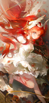 1girl absurdres blue_eyes chinese_commentary closed_mouth dress flower gloves halo highres long_hair looking_at_viewer original pengren_siya red_gloves red_hair rose very_long_hair white_dress wings