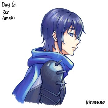 Rule 34 | 1boy, amaki ren, armor, artist name, black armor, black hair, blue eyes, blue hair, blue scarf, character name, commentary, english commentary, english text, from side, hair between eyes, highres, kinasune, looking at viewer, looking to the side, male focus, medium hair, pauldrons, profile, scarf, shoulder armor, sidelocks, signature, simple background, solo, spiked pauldrons, spikes, tate no yuusha no nariagari, tunic, white background, white tunic