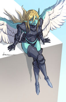 1girl aqua_skin armor black_armor black_panties black_thighhighs blonde_hair boobplate breastplate colored_skin crossed_legs demon_(megami_tensei) faulds feathered_wings gauntlets hair_between_eyes highres long_hair morrigan_(megami_tensei) panties parted_lips pointy_ears shadow shin_megami_tensei shinabita_nasubi shoulder_armor sitting smile solo spread_wings thighhighs underwear white_wings wings yellow_eyes